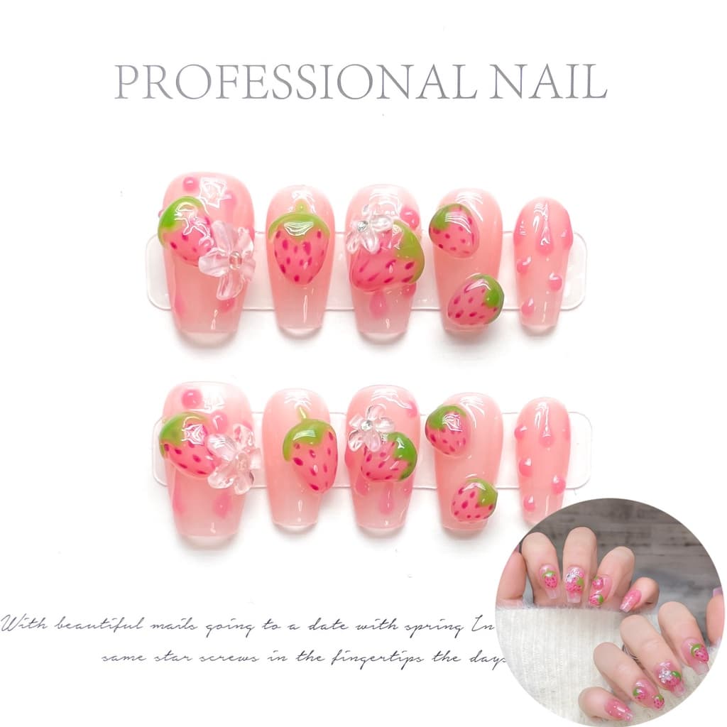 [HANDMADE] Prego artificial 3D rosa pintados à mão querida morango estilo bonito fototerapia unhas unhas reutilizáveis e removíveis
