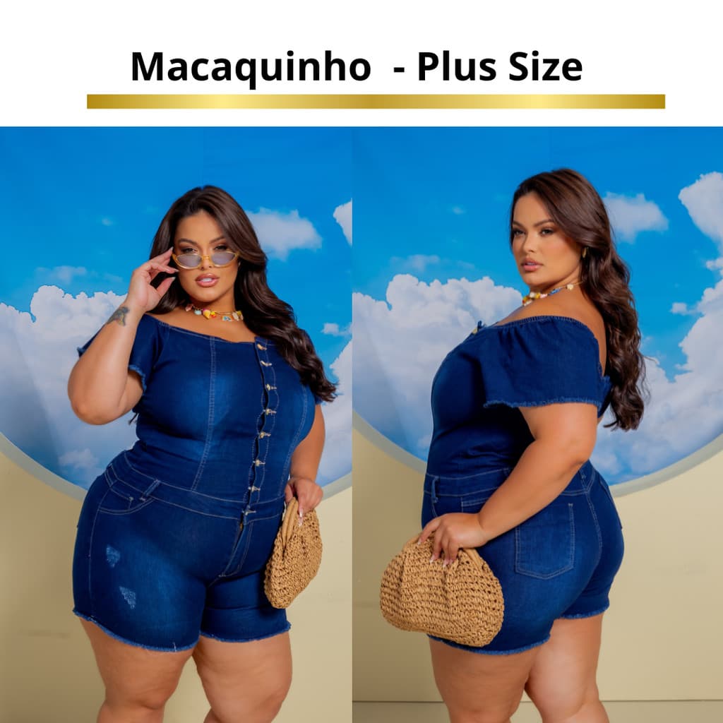 Macaquinho jeans Plus Size feminino ombro a ombro com lycra