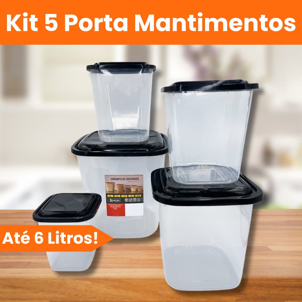 Kit 05 Porta Mantimentos Com Tampa 5 Peças Preta