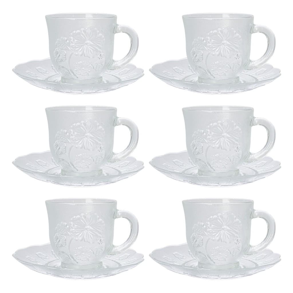 Jogo Xícaras de Vidro 12 Peças Para Chá E Café Kit 6 Xícaras e 6 Pires Hibiscus 200ml Migi Glass