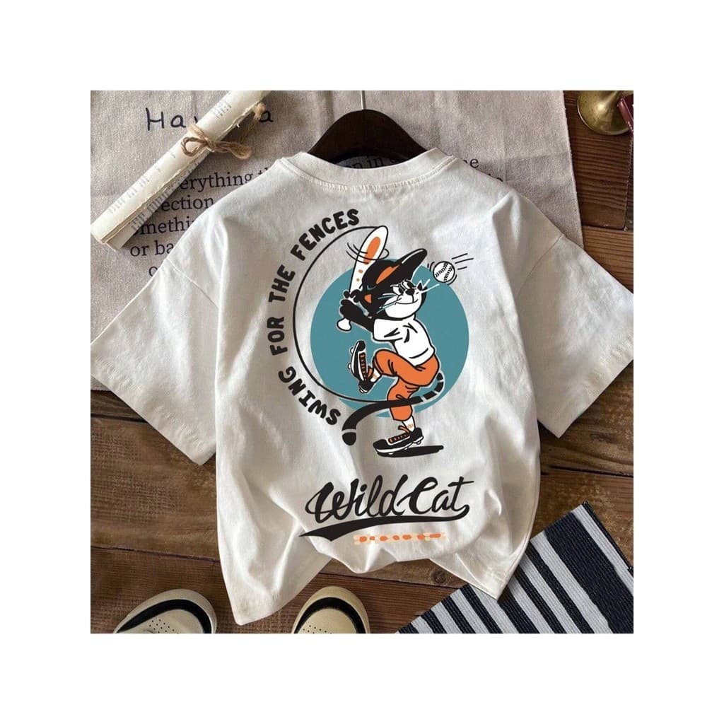 Camiseta de Manga Curta com Gola Redonda, Estampa de Desenho Animado Casual, Verão, Uso Jovem Menino 100%Algodão
