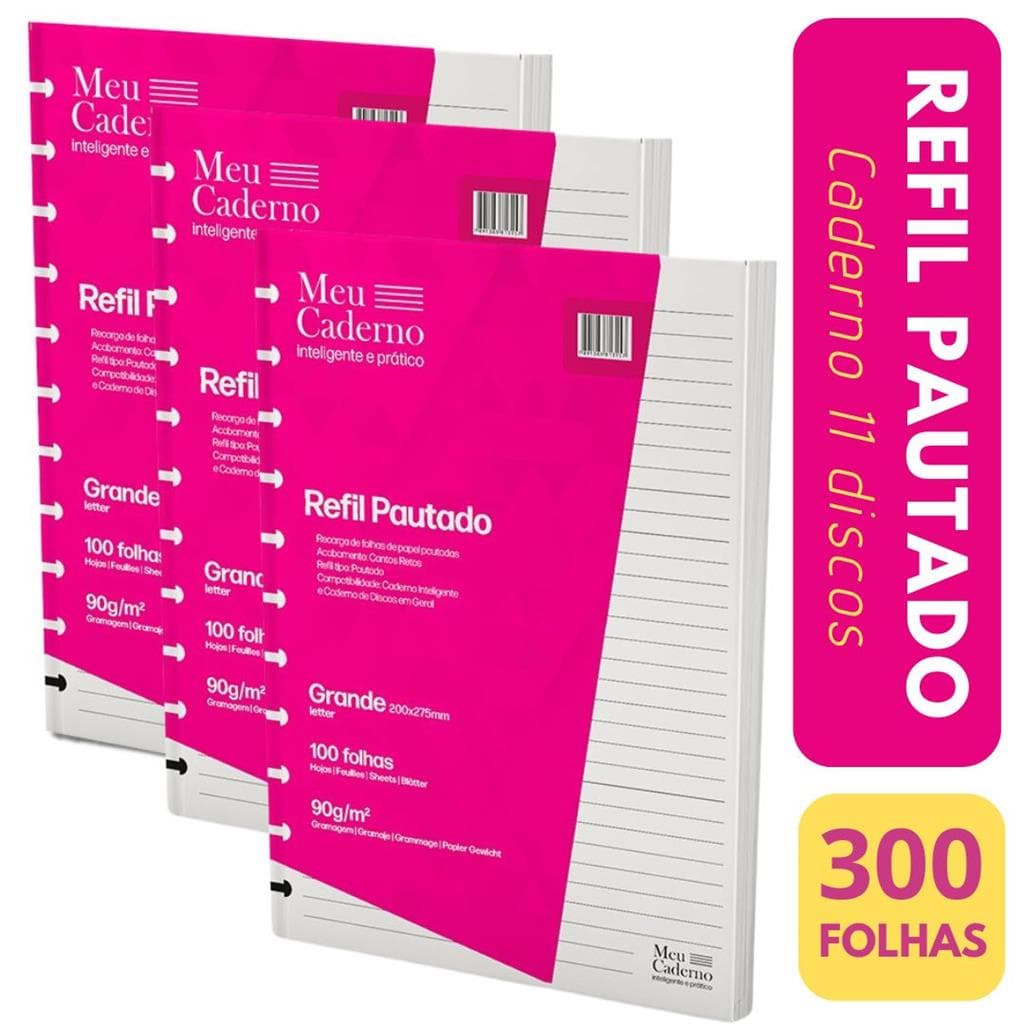 KIT Refil Compativel Caderno Inteligente Pautado Caderno11 Furos Grande Tamanho 200x275mm 300 Folhas