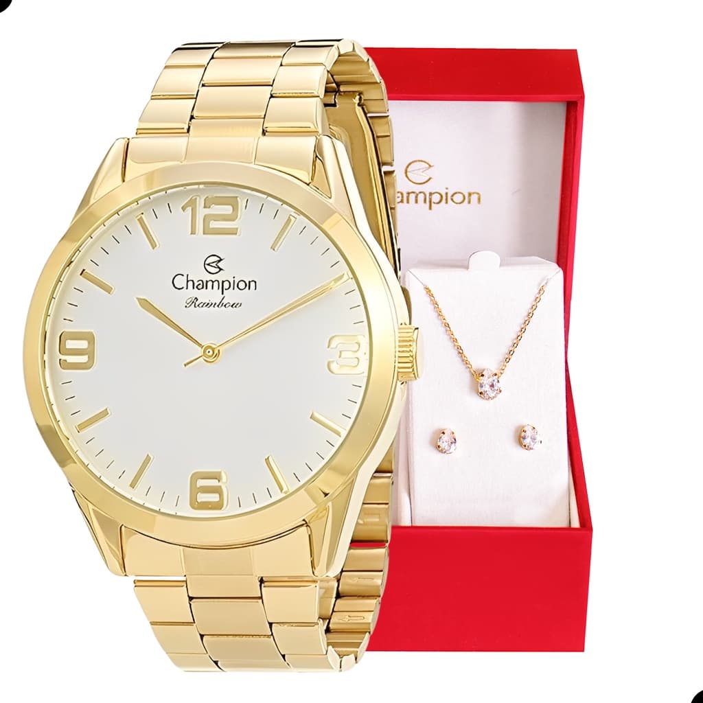 Relógio Feminino Champion Analógico Dourado + Kit de Brincos e Colar CN29892Z Relógio Dourado Feminino