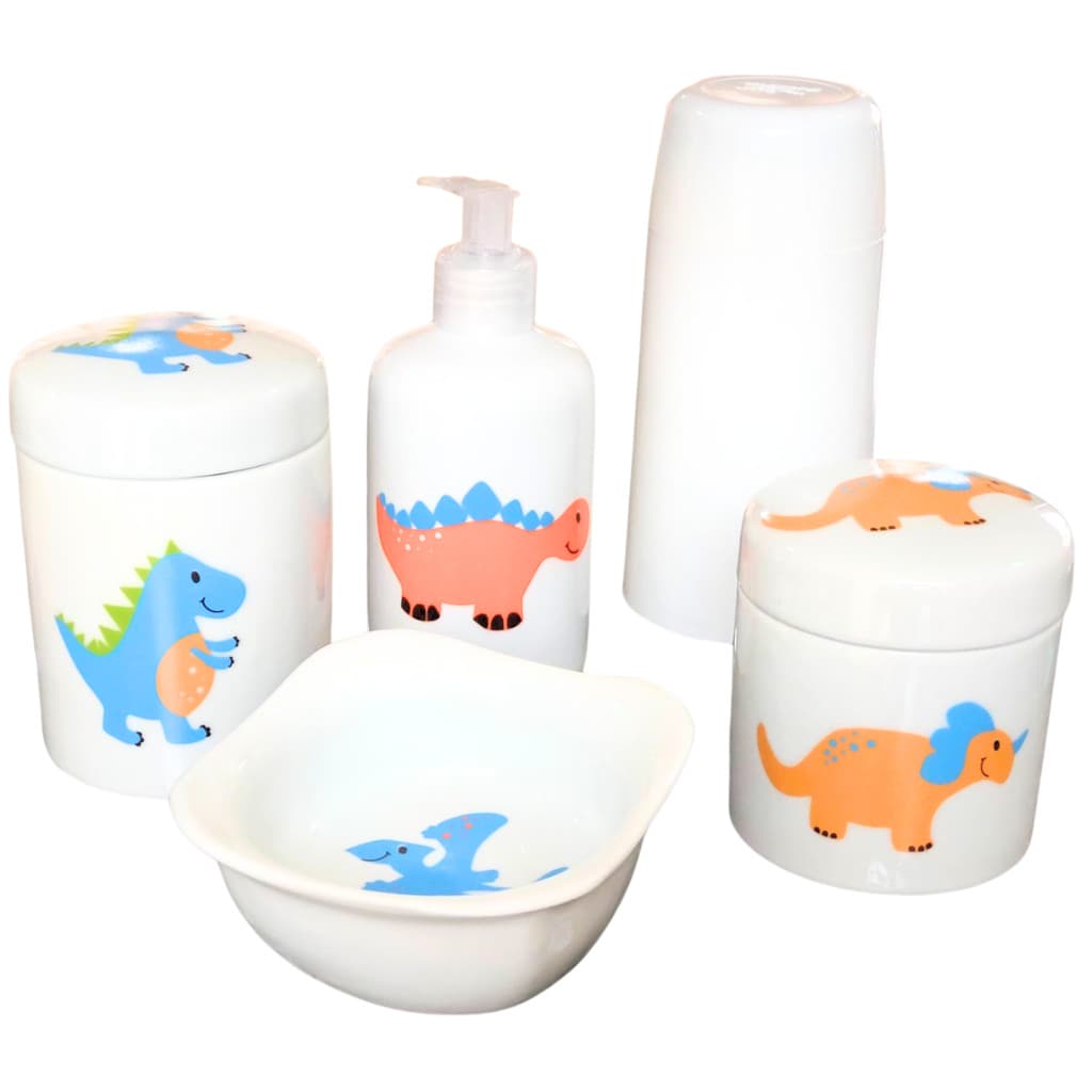 Kit higiene bebê Dinossauro 5 peças - potes, porta álcool, garrafa térmica e molhadeira - Peças Porcelana