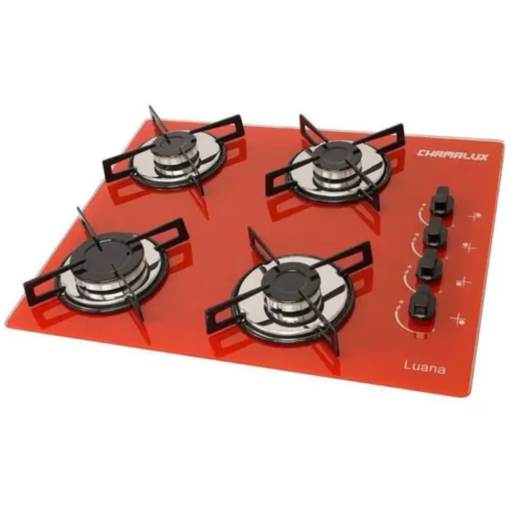Fogão Cooktop 4 Bocas Chamalux Ultra Chama Vermelho Bivolt Mesa de Vidro Acendimento Automático