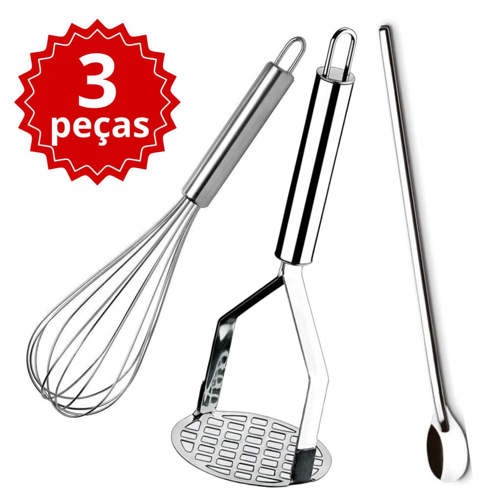 Kit 3 Amassador de Batata Inox+ Batedor de ovos Fue Grande + Colher Suco Bailarina Inox 30 cm