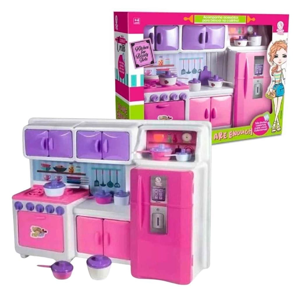 Cozinha De Boneca Com Geladeira e Fogão Lua De Cristal Brinquedo Presente Meninas +3 Anos