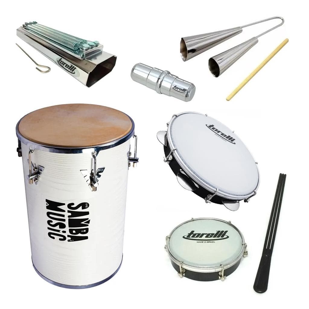 Kit Samba Rebolo Branco Pandeiro Reco Agogô Tamborim Ganzá