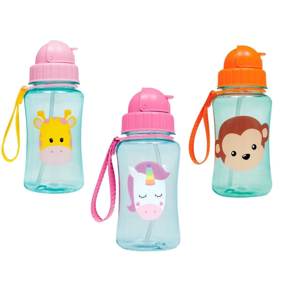 Garrafinha Garrafa de Agua Infantil com Canudo Retrátil Silicone Leão Girafa Macaco Unicórnio Buba