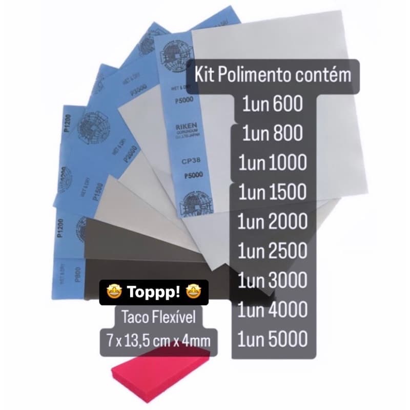 Kit Polimento Lixa Água Contém 1 unid de cada 600 800 1000 1500 2000 2500 3000 4000 5000 + Taco EVA