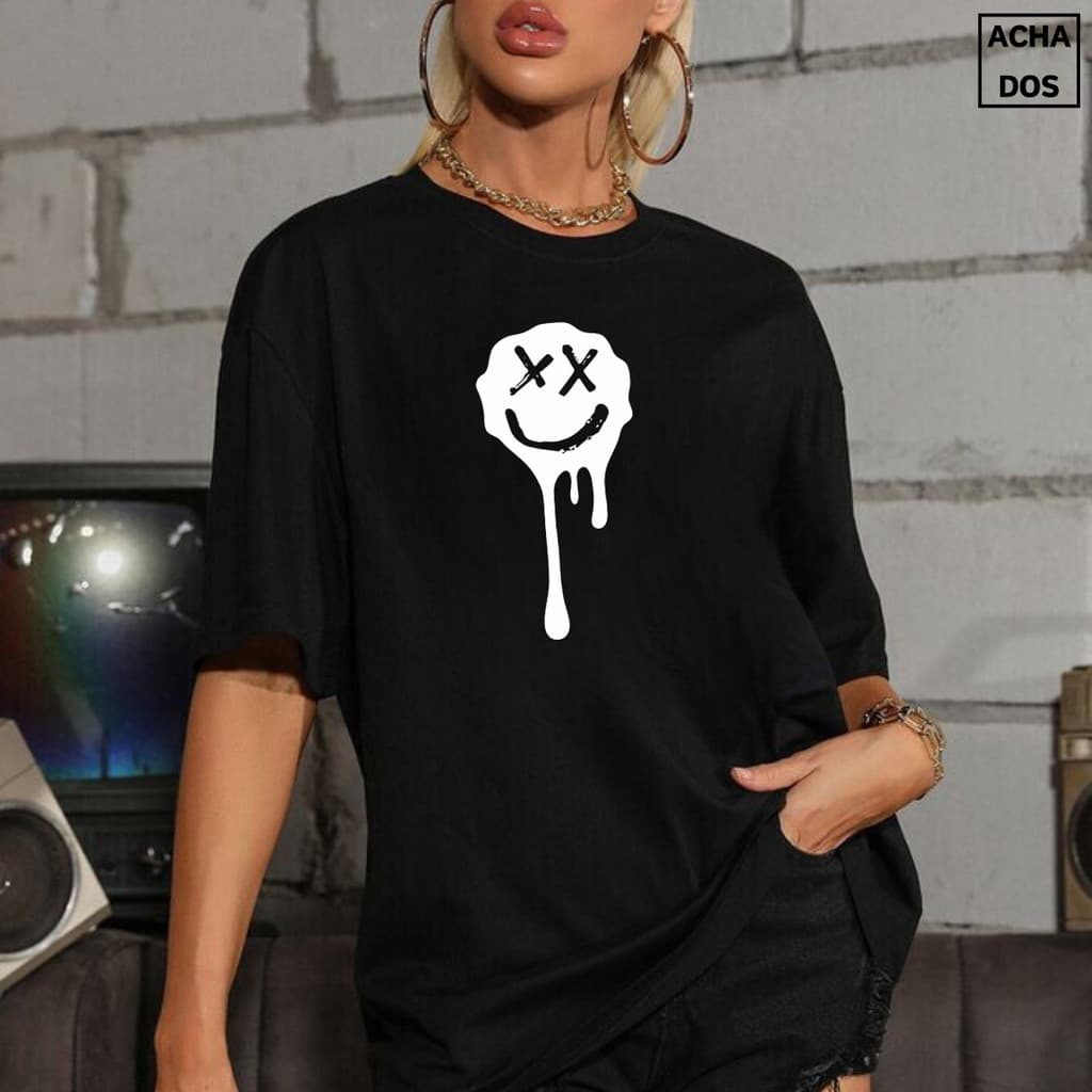 Camiseta Blusão Oversized Emoji Smile Feliz Streetwear Unissex 100% Algodão