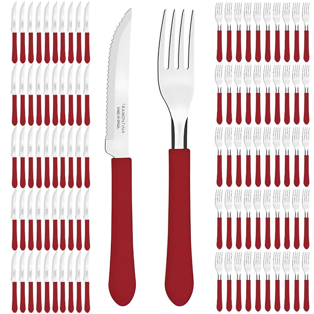 KIT RESTAURANTE 50 GARFOS+50 FACAS LEME AÇO INOX TRAMONTINA - VERMELHO