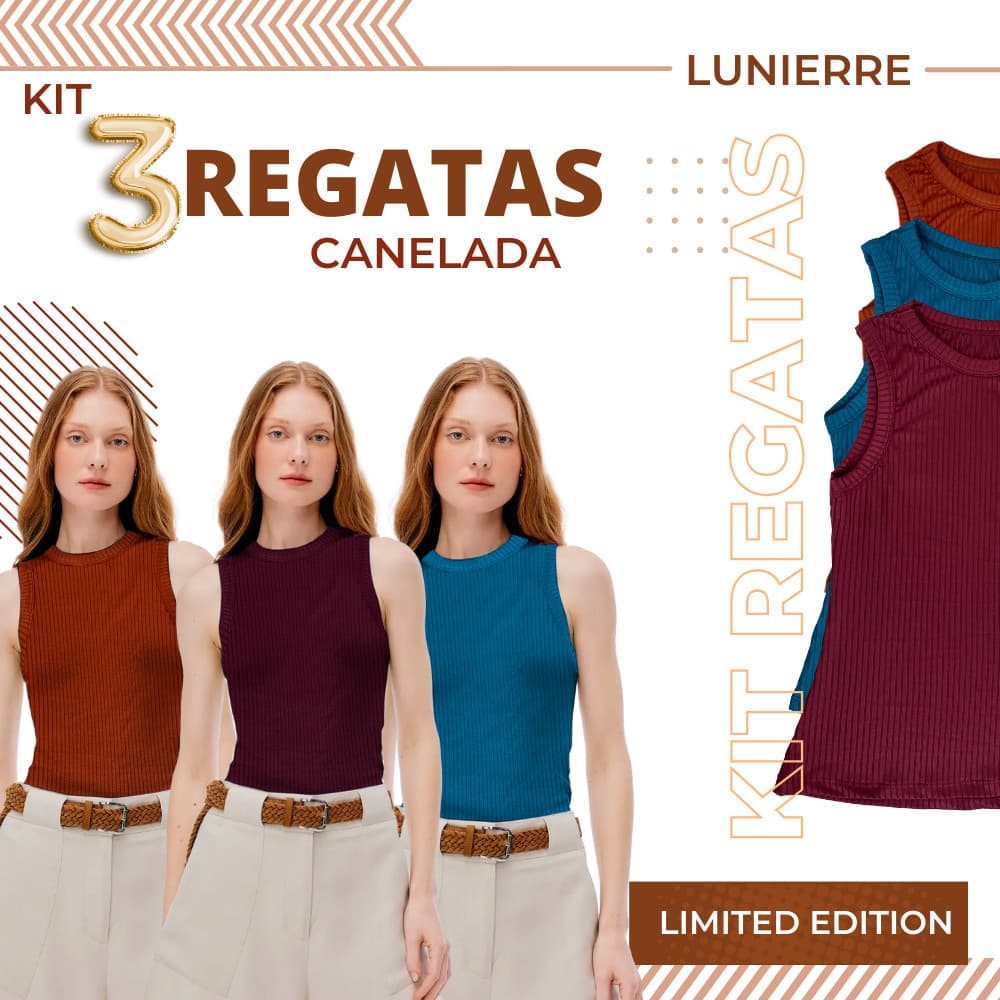 Regata Feminina Canelada Premium - Kit com 3 COR ALEATORIA - Lunierre