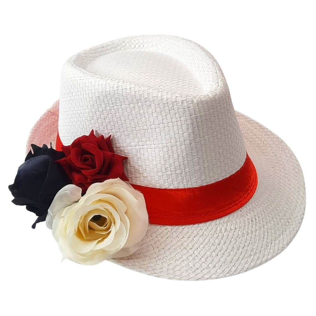 Chapeu Maria Navalha Malandra Branco com Rosas Tricolor Umbanda