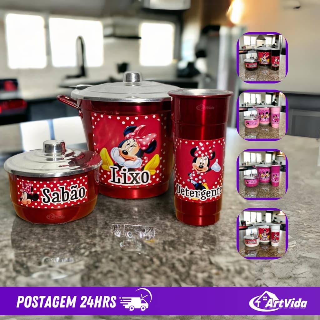 Kit de Pia Alumínio Completo Escritos em Alumínio e Aramado: Porta Sabão, Detergente, Lixeira, Lixo, Suporte Cromado, Preto e Rodinho - Design Exclusivo Mickey e Minnie - Organização e Estilo para sua Cozinha, Organizador - ArtVida