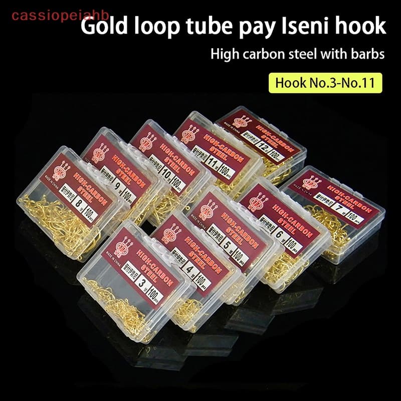 (cassiopeiahb) 100pcs Box Gold Color With Ring Tube Pay Iseini Hooks Barbed High Carbon Steel Sea Fishing Hooks On Sale
