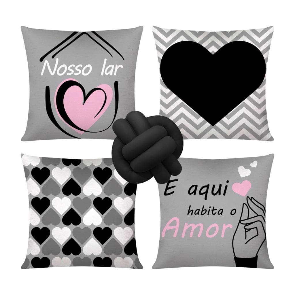Kit c/ 04 Capas de Almofada Modernas Decorativas 45x45 + 1 Almofada de Nó - Nosso Lar Cinza