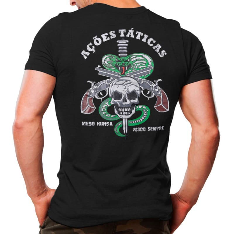 Camiseta Militar Estampada Ações Táticas Preta
