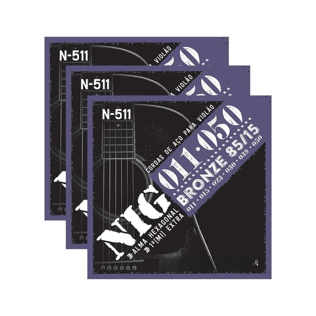 Kit 3 Encordoamento Violão Aço Folk Bronze Nig N-511 .011" PRN511L
