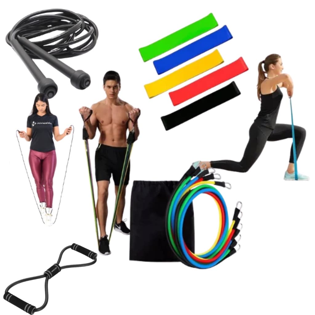 Kit 11 Extensores Elástico + 5 Mini Band + Corda + Extensor