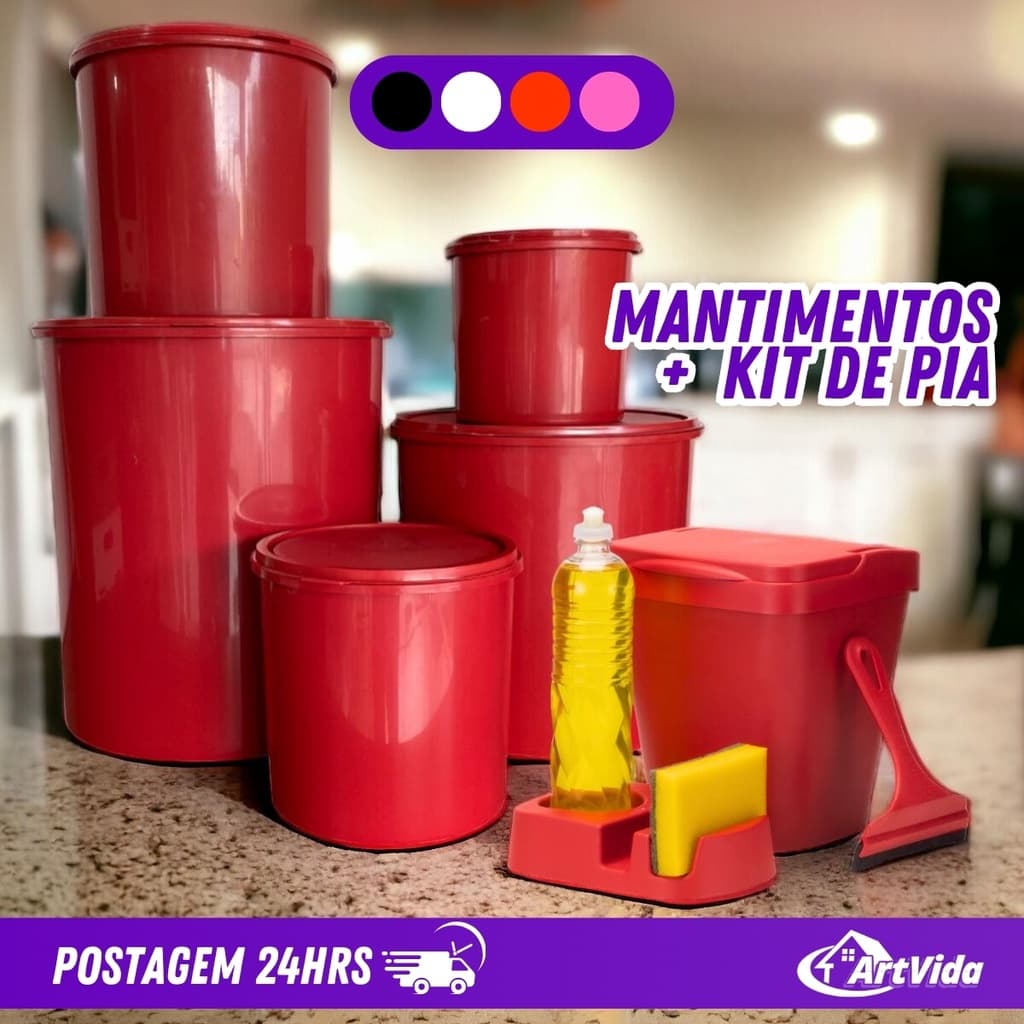 Kit Cozinha Mantimentos + Kit de pia - 8pçs - Tampas Fecham Bem - Cozinha - Cores Variadas: Vermelho, Preto, Rosa e Branco - Plástico Resistente e Durável - ArtVida