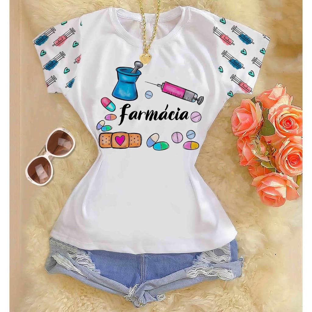 Blusa Tshirt Feminina Baby Look Polielastano Manga Curta Confortável Enfermagem Seringa Estampada Saúde