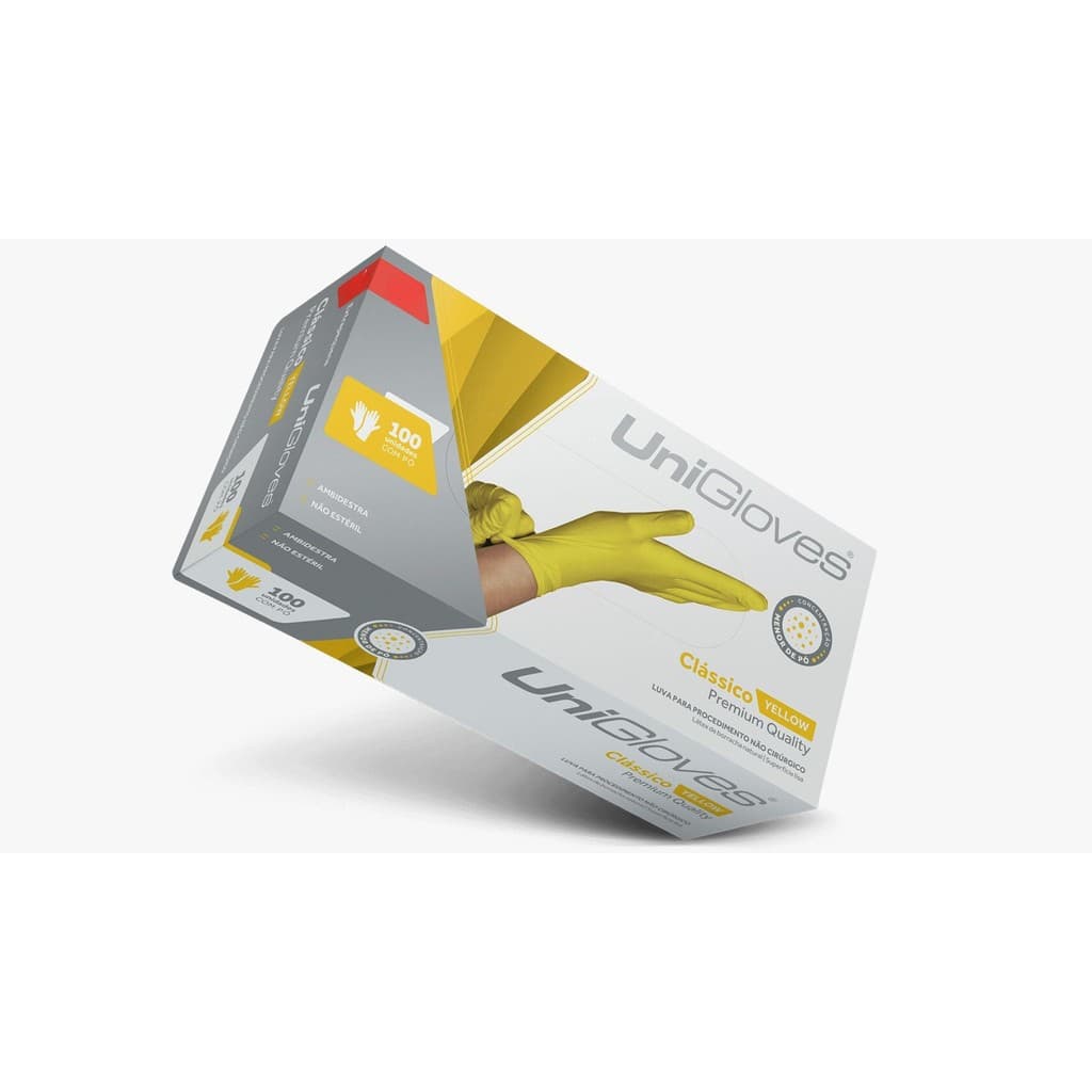 LUVA UNIGLOVES PROCEDIMENTO LATEX COM PO CLASSICO AMARELO YELLOW 100UN