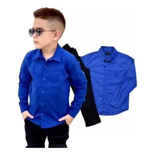 Calça Preta com Camisa Longa Azul Royal Infantil Batizado Formatura Festa Evento Menino Social