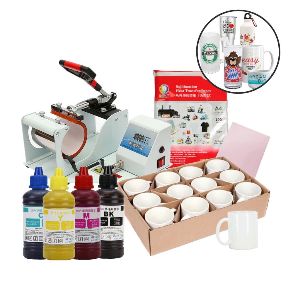Kit Prensa de Caneca 110v + 12 Canecas + 4 Tintas + Papel A4
