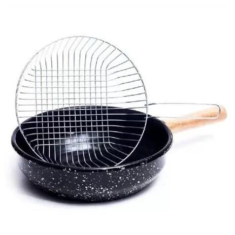 Frigideira Esmaltada C/Cesto - 20cm - 1,8L - Cabo Madeira Preto Pigmentado
