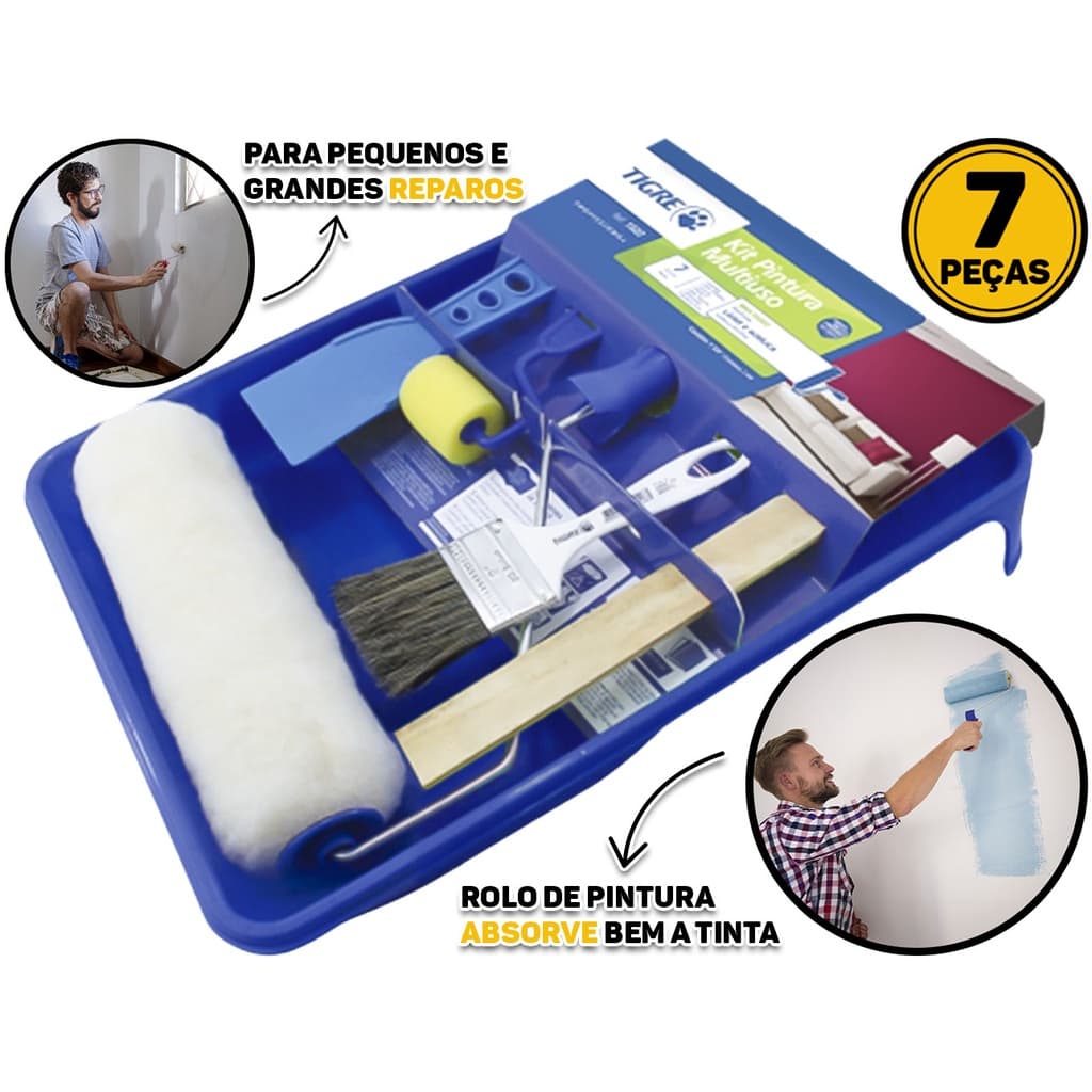 Kit Pintura Reparo Manutenção 7 Peças Parede Teto Tintas Multiuso Profissional Suporte Bandeja Rolo Pincel Tigre