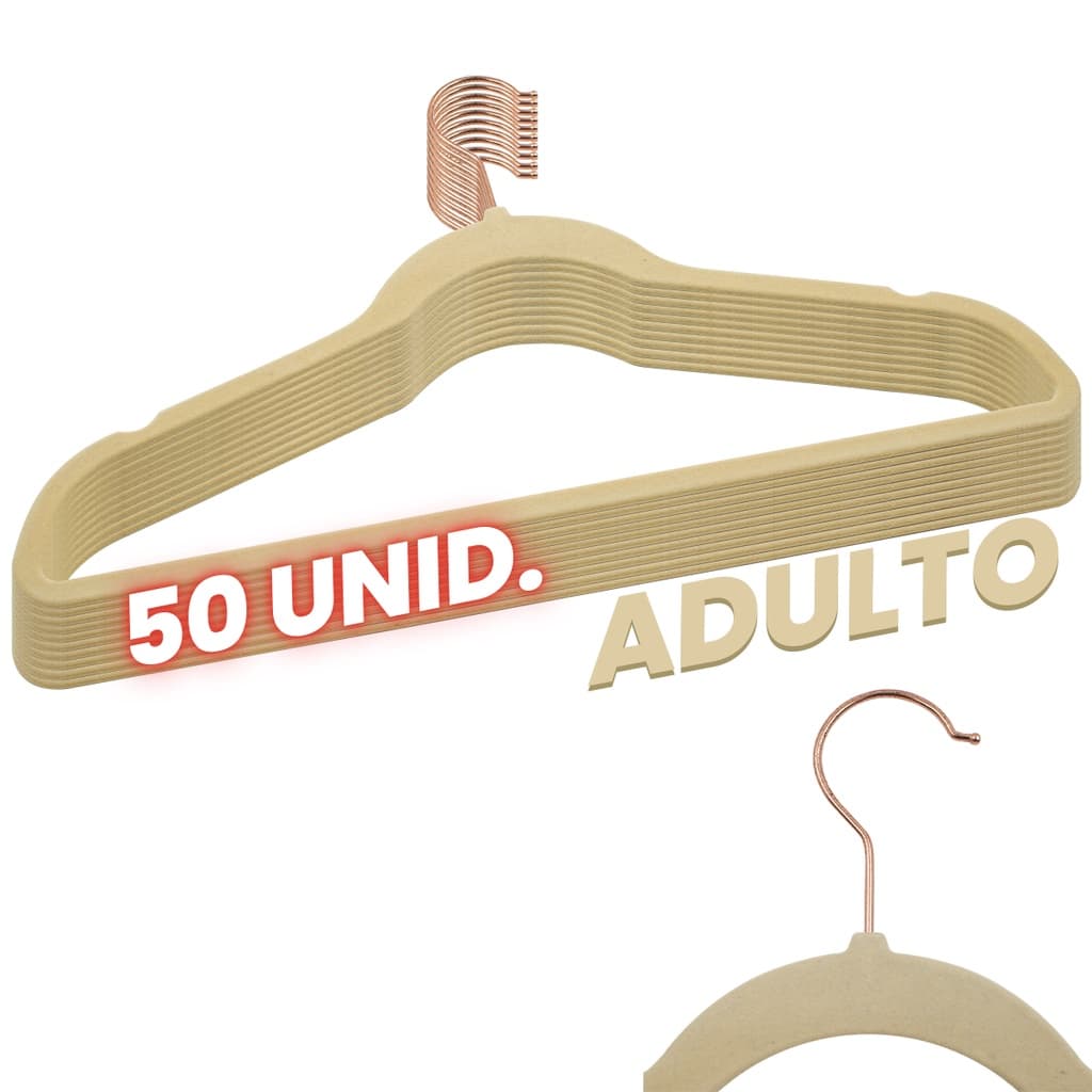 Kit 50 Cabides Veludo Bege Gancho Rose Antideslizante 45cm