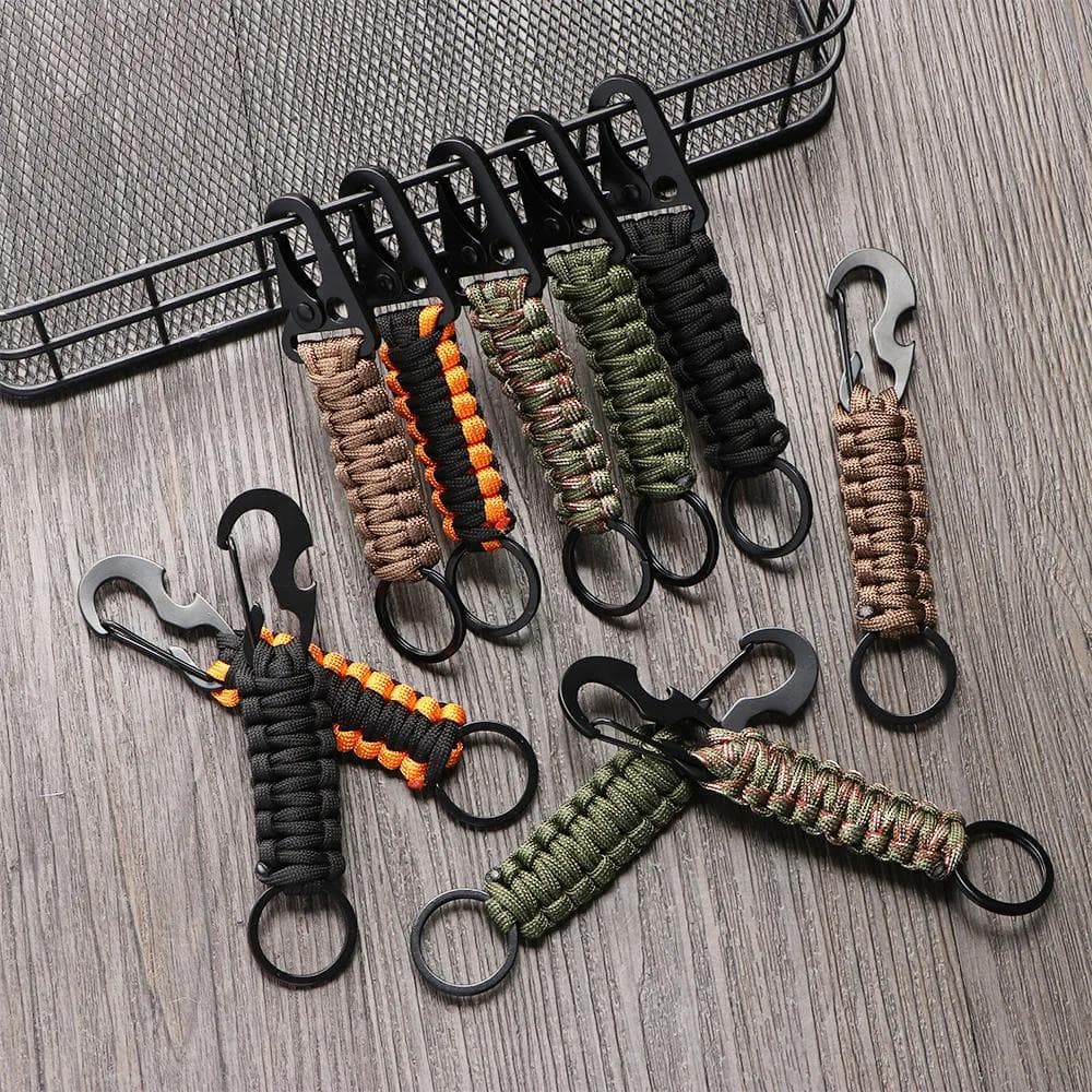 Chaveiro Exterior Mosquetão De Camping Carabineiro Militar Paracord Cordão De Corda Kit De Sobrevivência Ferramentas De Abertura De Garrafas De Nó De Emergência