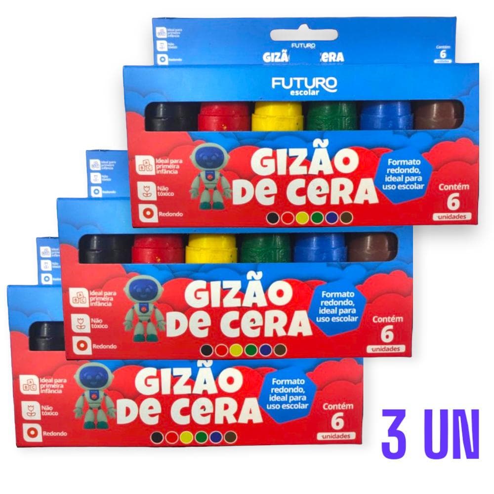 KIT 3 UN GIZAO DE CERA JUMBO 6 CORES MEU PRIMEIRO GIZ FUTURO INFANTIL BEBÊ CRIANÇA JUMBO ESCOLAR JARDIM MATERNAL