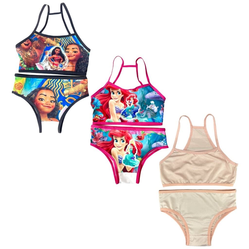Kit 3 Conjunto Infantil Menina Moça Top e Calcinha Liso e Sublimado Personagens Disney