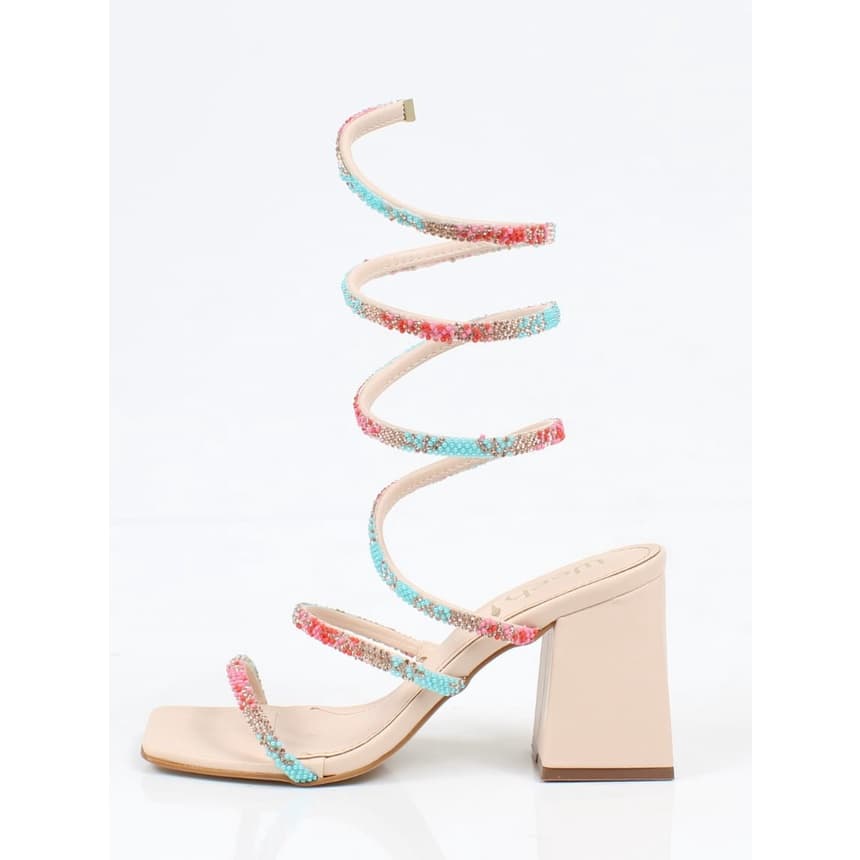 Sandália Salto Grosso Week Shoes Espiral Strass Nude