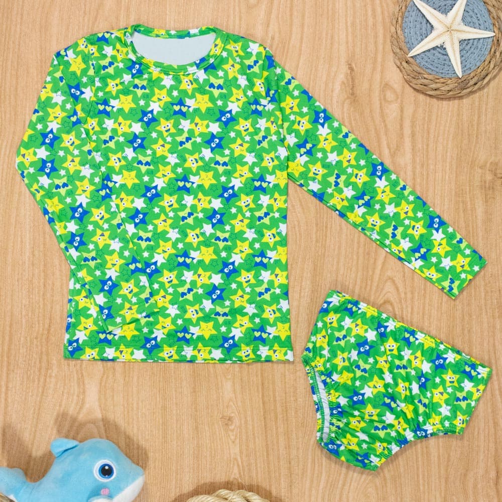 Biquini Infantil UV50+ Praia e Piscina Estrelinhas Verde 1 ao 4