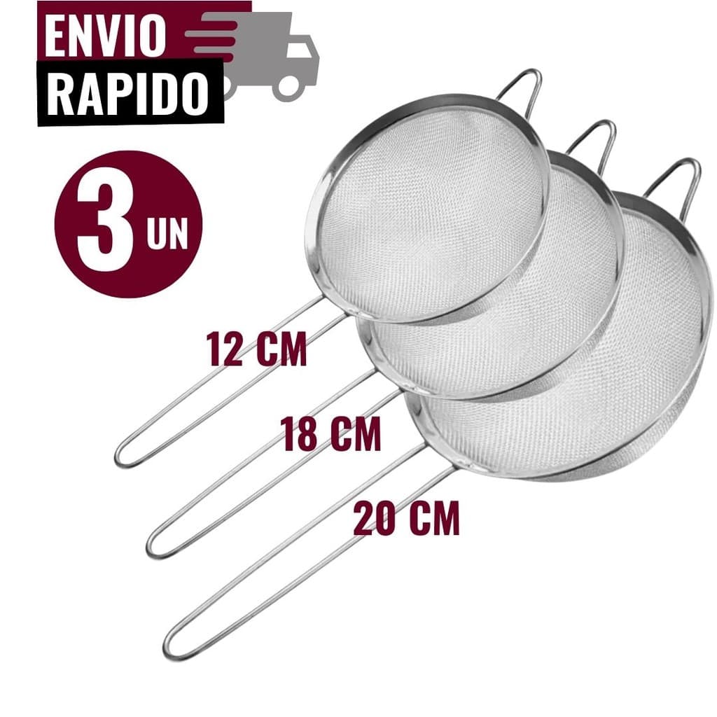 Kit 03 Peneira Coador Manual Em Aço Inox Para Cozinha  12cm 18cm 20cm