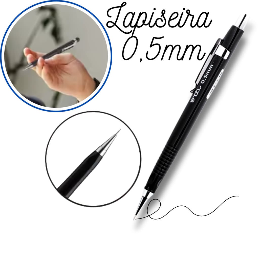 Ótima Lapiseira 0.5MM  Preta Técnica Metal Ponta Fina Ideal para desenho possui Borracha Clip Removível com INMETRO