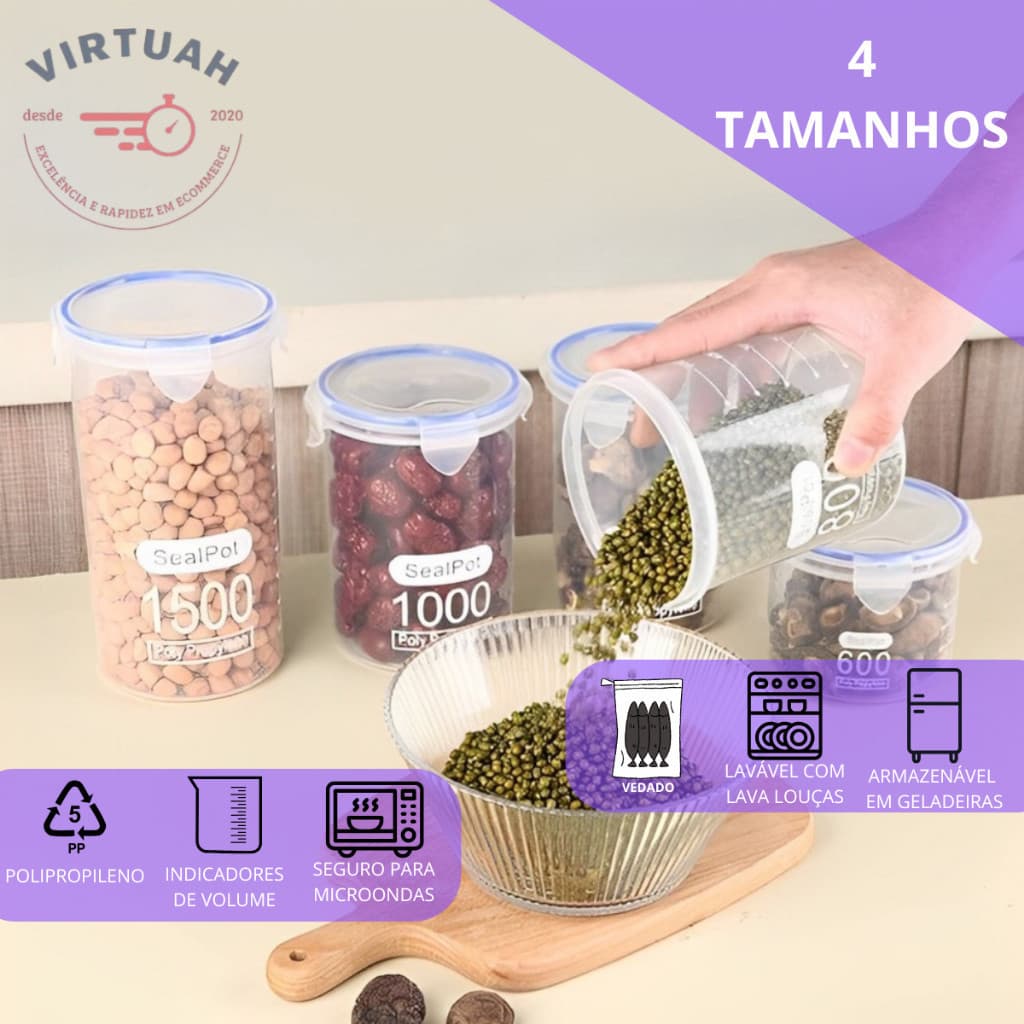 Pote Hermético Plástico Resistente Tampa Trava Reforçada Empilhável Conjunto 4 Casa Cozinha