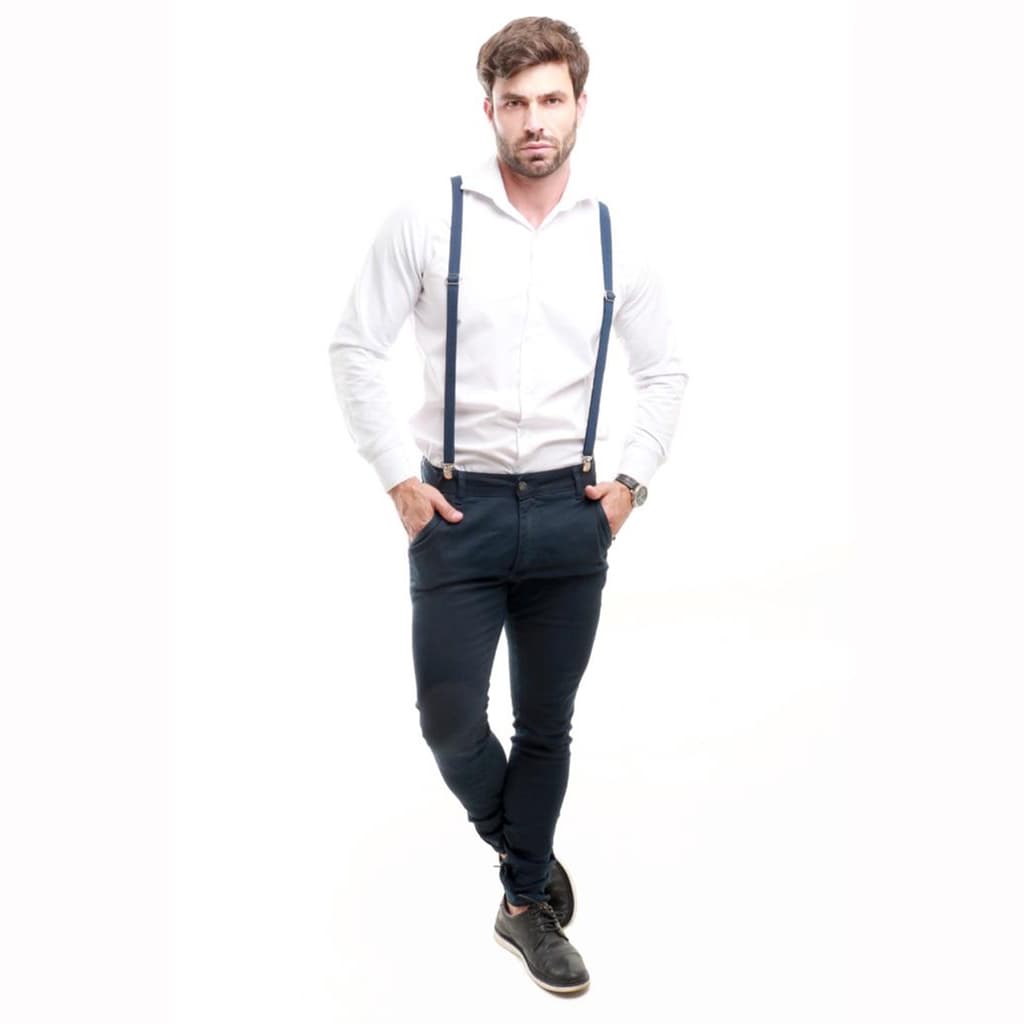 Kit Calça Sarja Bolso Faca + Suspensório p/ Casamentos