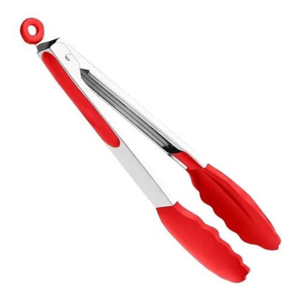1 Pegador/Pinça de Cozinha em silicone e inox vermelho 26cm UnyHome Resistente Servir refeições Saladas Massas Frituras