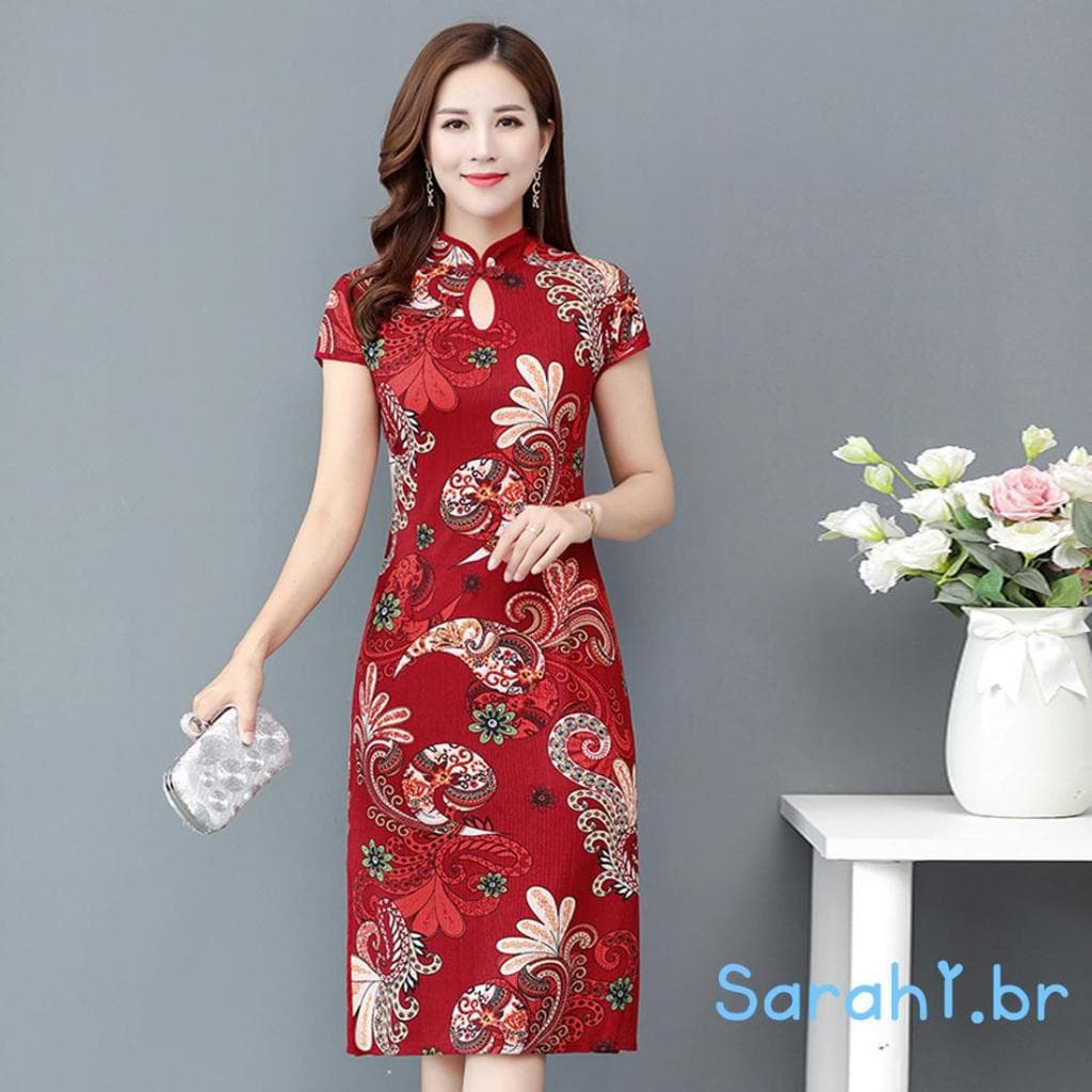 Vestido estilo chinês Midi comprimento Cheongsam das mulheres, Vintage impresso