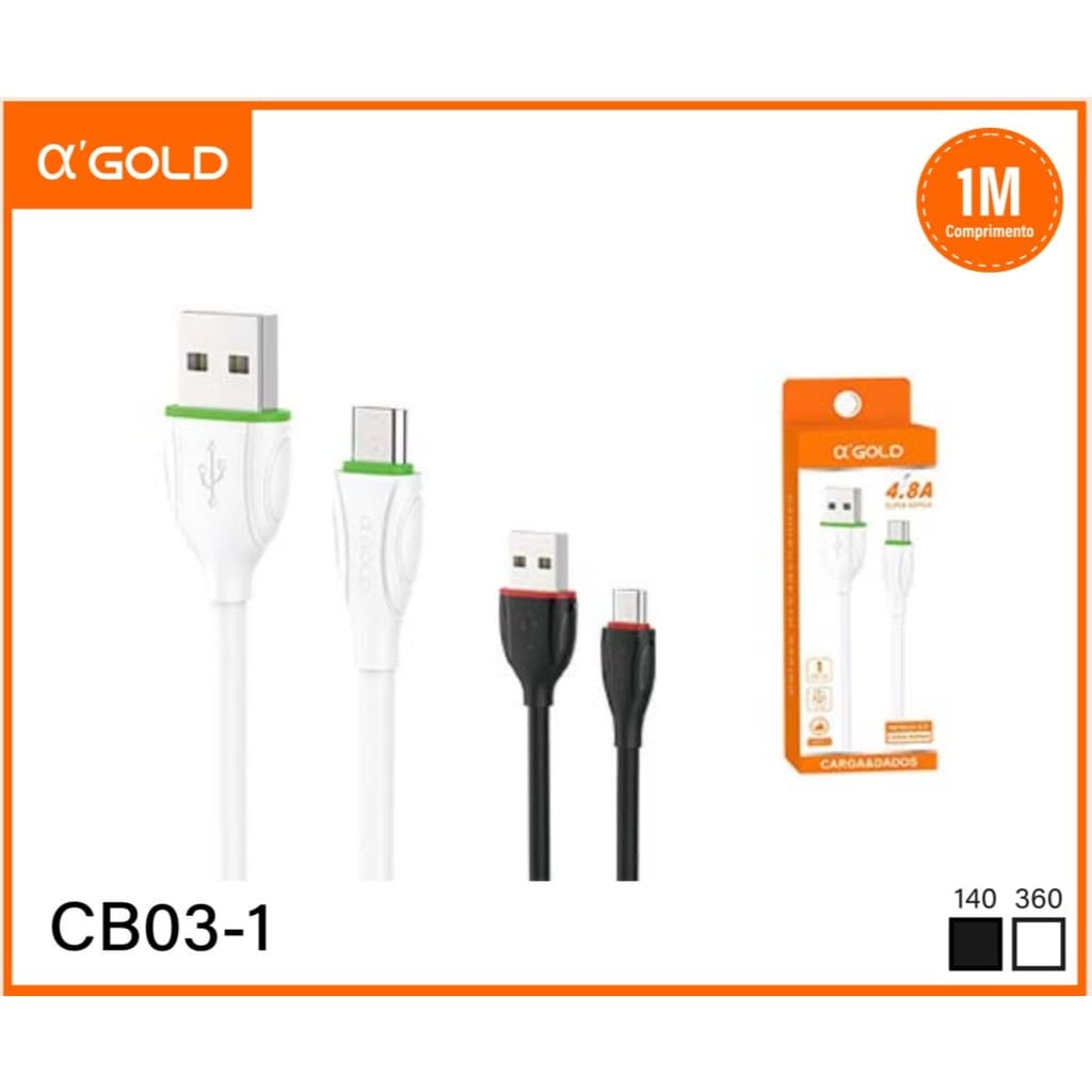 Cabo de Carregador A'GOLD CB03-3 - Tipo C - ATACADO 10 UNIDADES