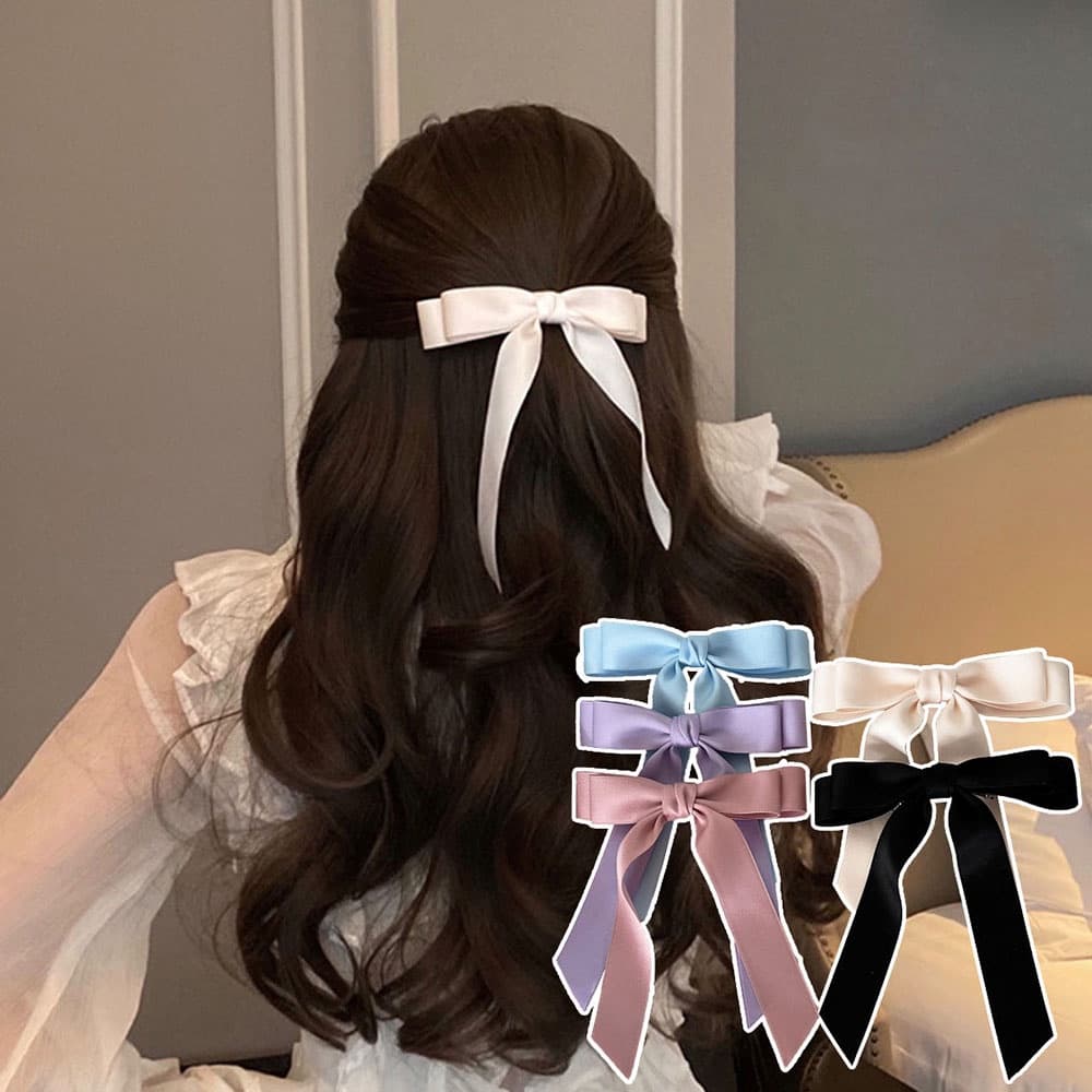 Grampo De Cabelo Com Fita De Laço De Cetim , Camada Dupla , Rabo De Cavalo , Cor Sólida , Elegante , Doce