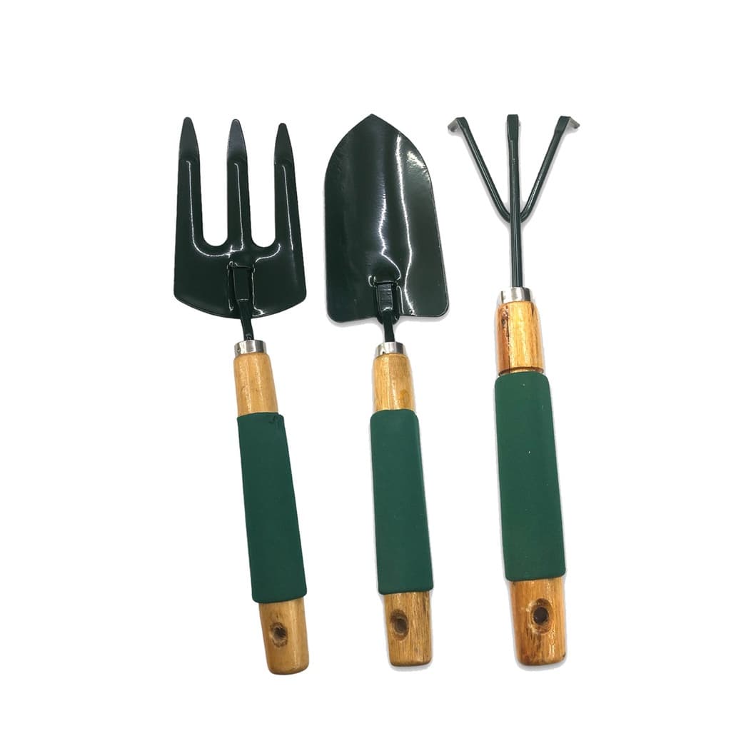 KIT PARA JARDINAGEM 3 PCS Com Pá Garfo e Rastelo Cabo Madeira Emborrachado
