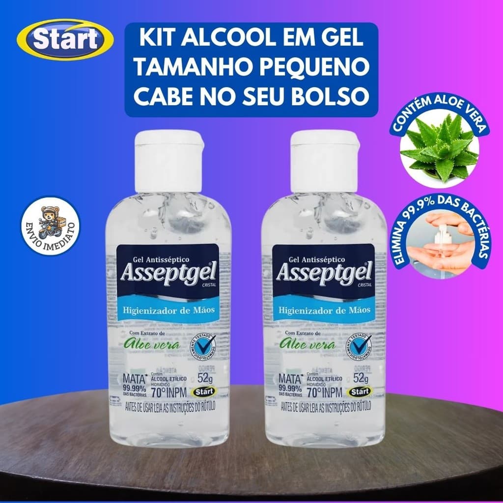 Álcool Em Gel 52g Pequeno C Aloe Vera Hidrata e Higieniza Kit Cabe No Bolso Cristal Start