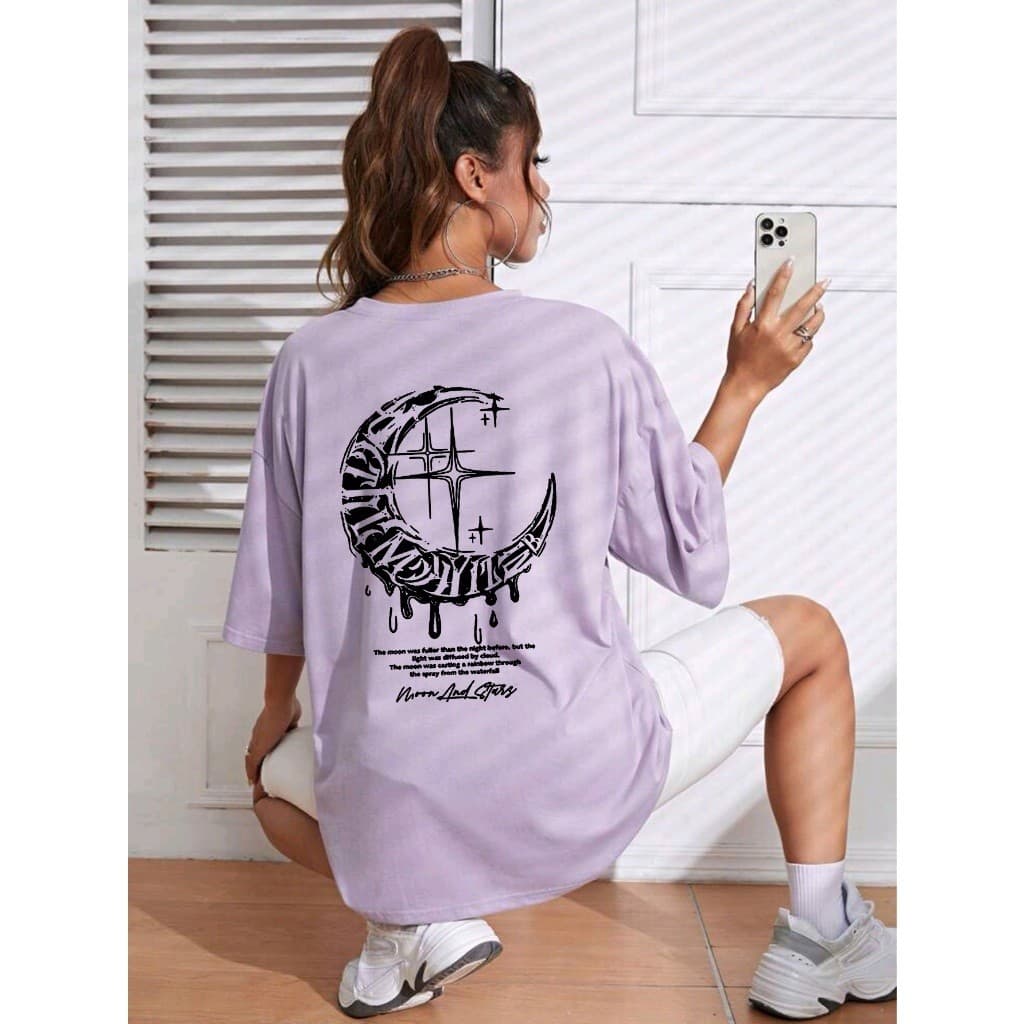 Oversized T-shirt Streetwear feminina estrela e lua Camisa Oversize Estilo de Rua Grande Estampada