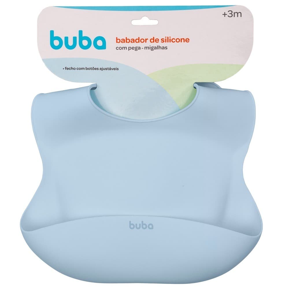 Babador Lançamento Buba Silicone Impermeável Bebê Menino Menina Gumy Gumi Liso Azul Pega Migalhas