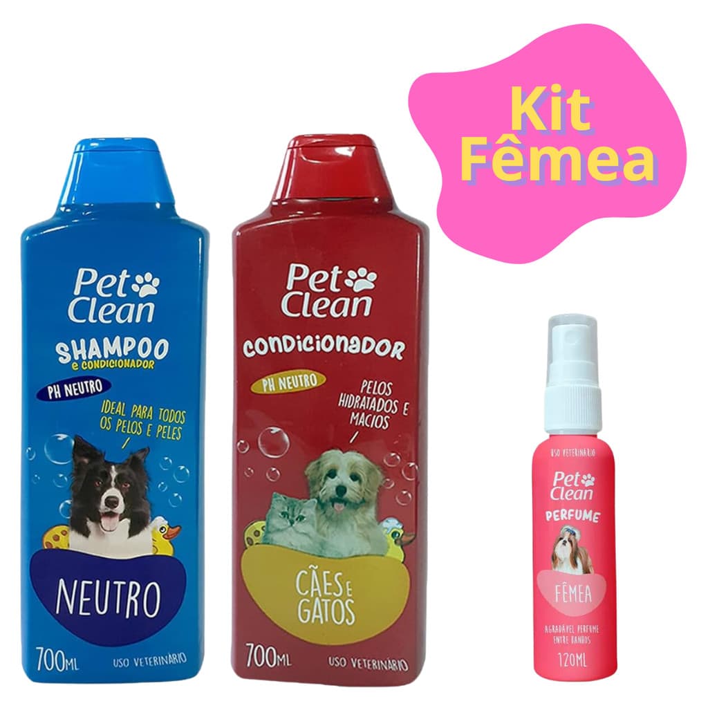 Kit Shampoo Cachorro e Gato Neutro + Creme Condicionador de Pelos + Perfume Pet Clean